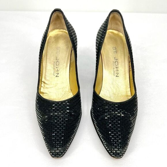 St. John Black Satin Paillettes Made in Italy Pointed Toe Narrow Heel Pumps 7B - Picture 2 of 13